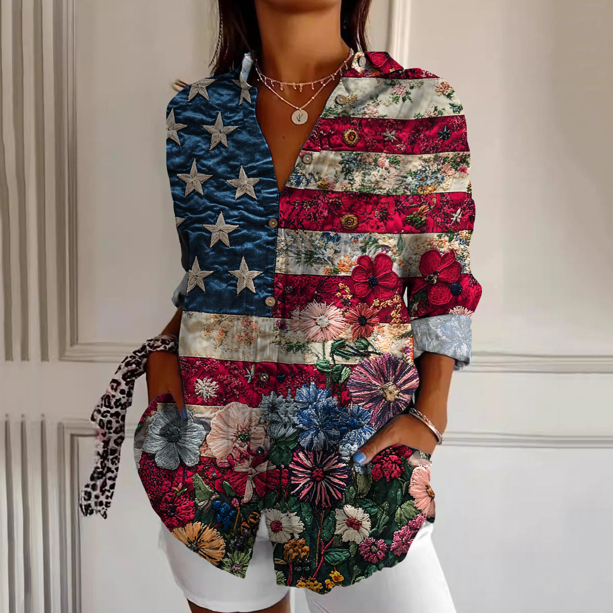 Women's Vintage Independence Day Flag Floral Shirt
