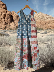 Women's Independence Day Flag Print V Neck Tank Midi Dress
