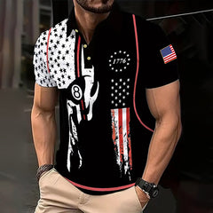 Men's American Flag Skull Print Casual Polo Shirt