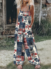 Women's Vintage Independence Day Floral Art Print Casual Jumpsuit