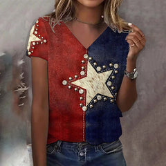 Women's American Contrast Star Print Casual T-shirt