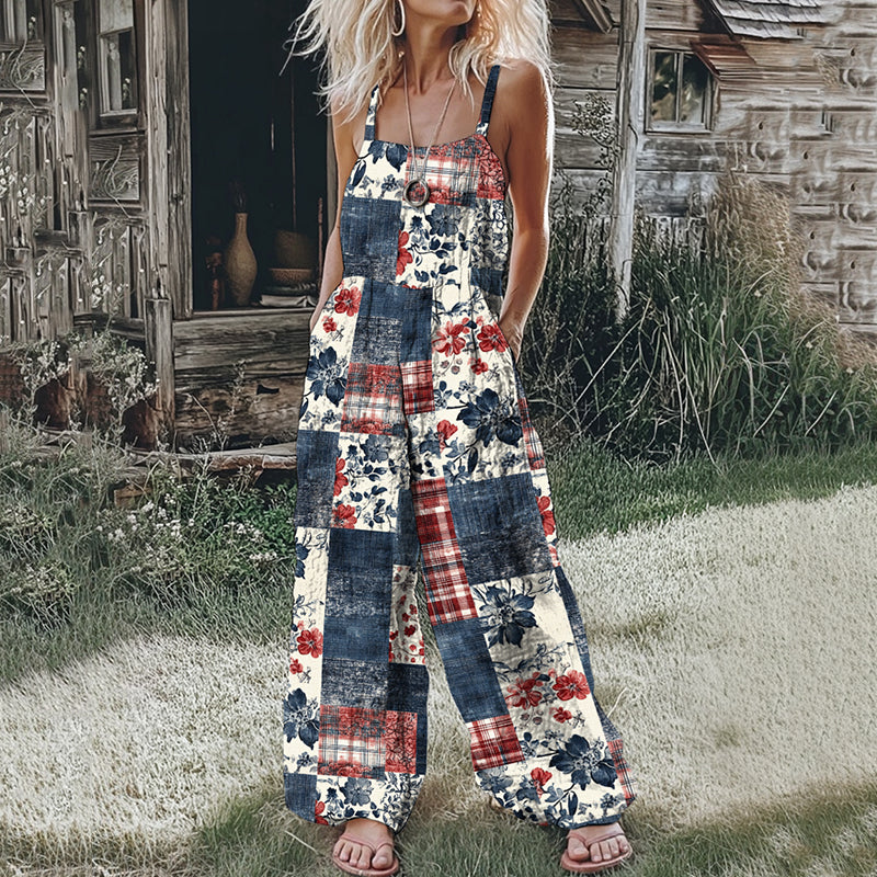 Women's Vintage Independence Day Floral Art Print Casual Jumpsuit