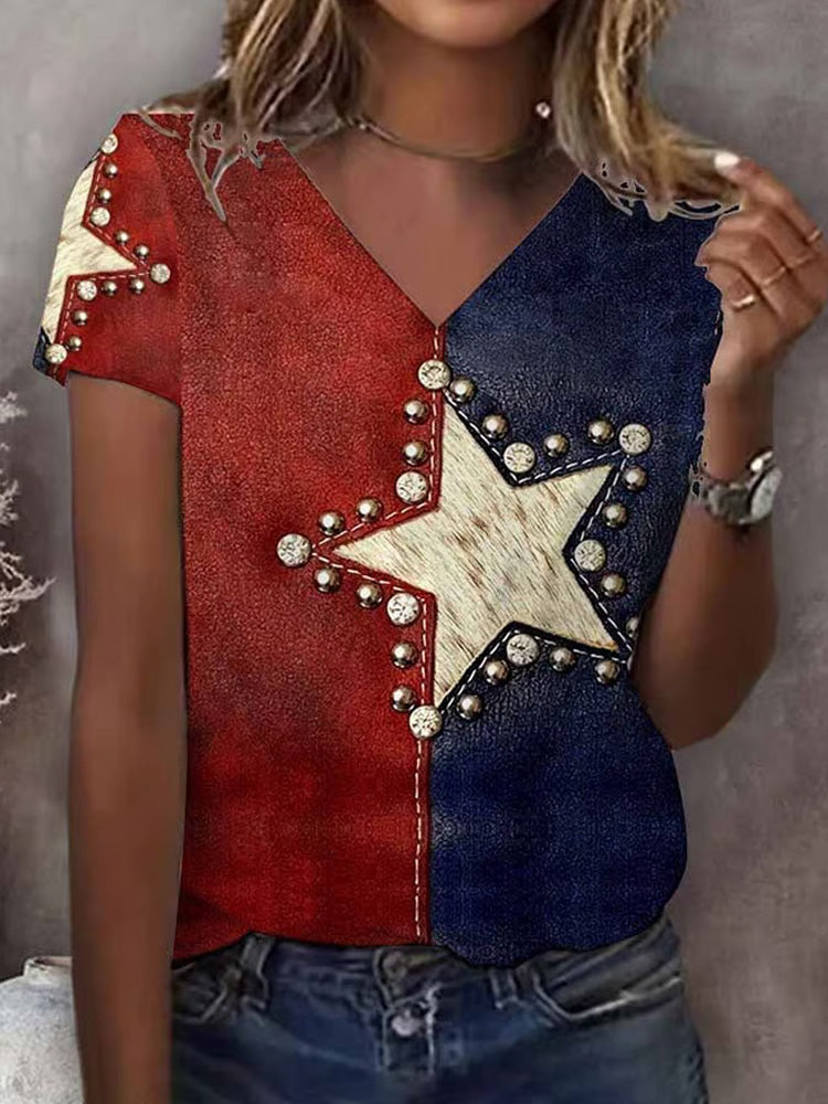 Women's American Contrast Star Print Casual T-shirt