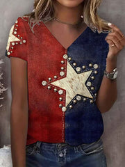 Women's American Contrast Star Print Casual T-shirt
