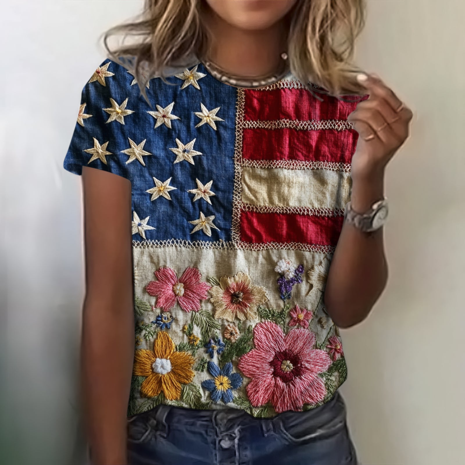 Women's Vintage Independence Day Floral Graphic T-shirt