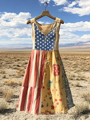 Women's Independence Day Flag Floral Cotton And Linen Dress