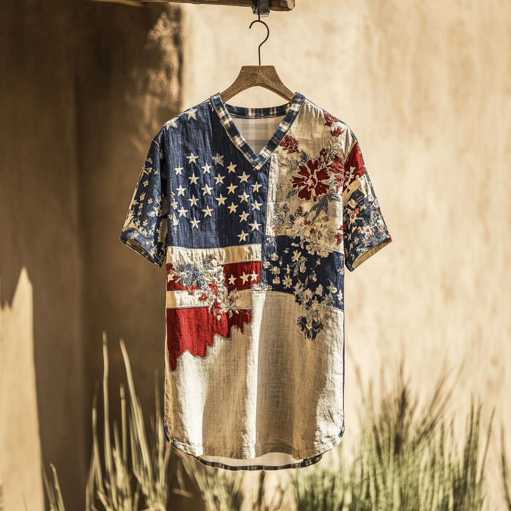 Men's American Flag Independence Day With Floral Patchwork Sun Linen T-shirt