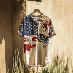 Men's American Flag Independence Day With Floral Patchwork Sun Linen T-shirt