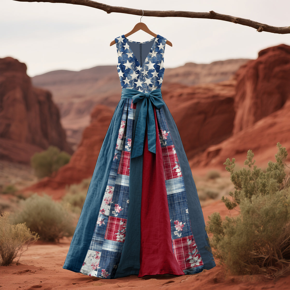 Women's Vintage Independence Day Floral Art Print Sleeveless Dress