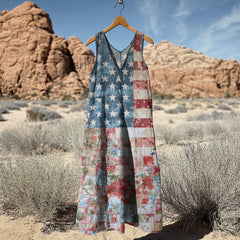 Women's Independence Day Flag Print V Neck Tank Midi Dress