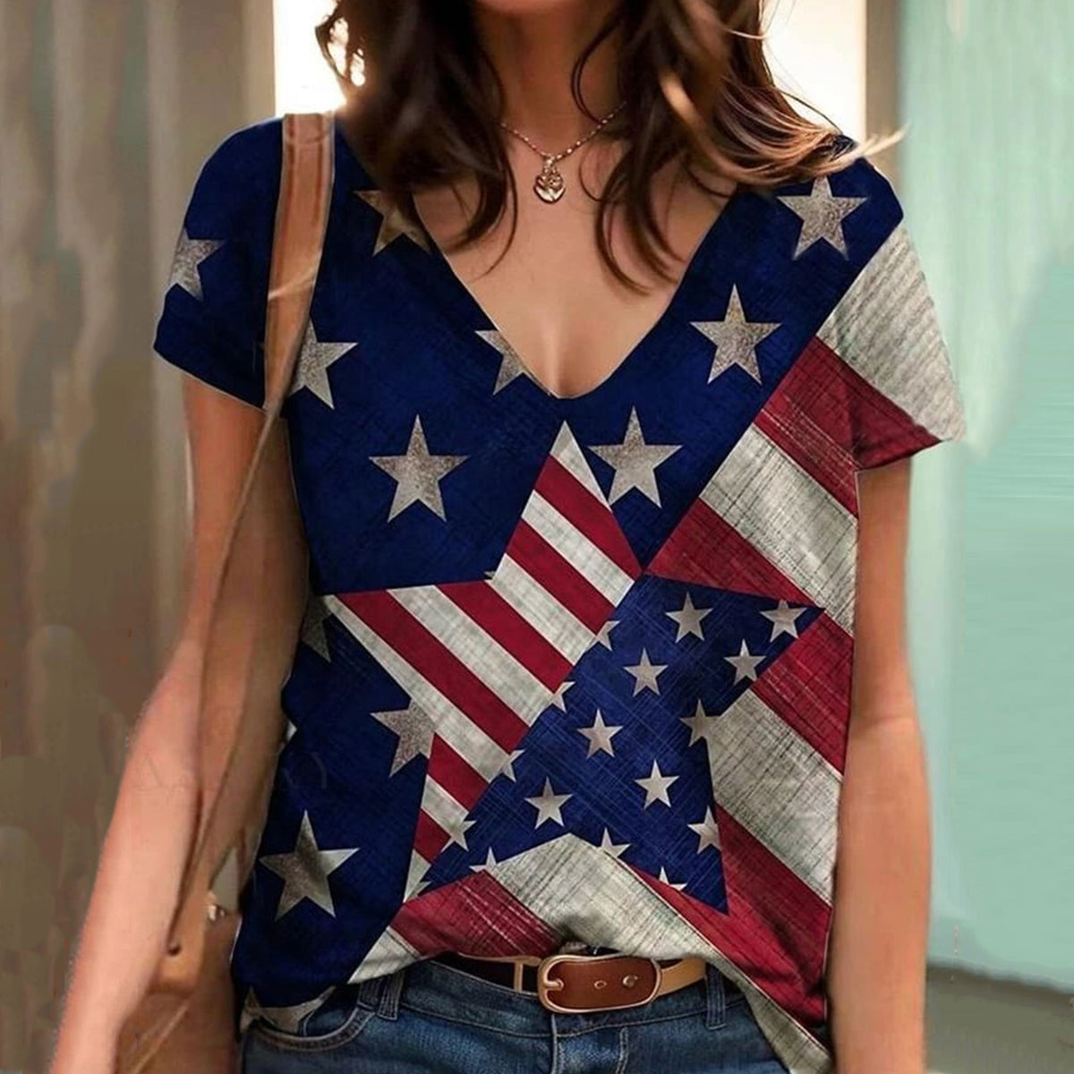 Women's Casual American Flag Stars Short Sleeve T-shirt