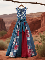 Women's Vintage Independence Day Floral Art Print Sleeveless Dress