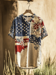 Men's American Flag Independence Day With Floral Patchwork Sun Linen T-shirt