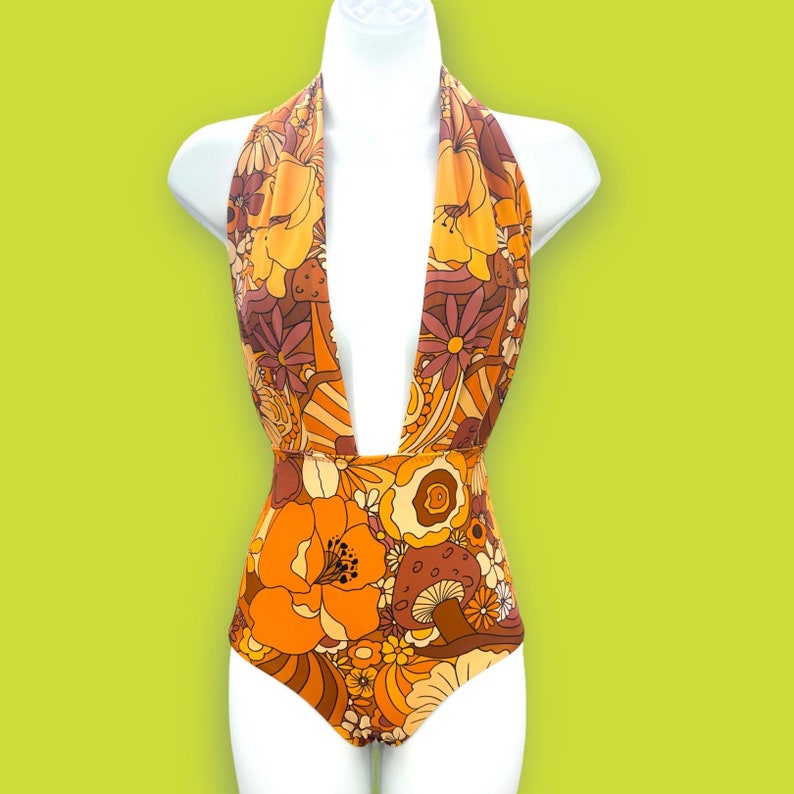 Orange Brown Floral Mushroom Hippy Trippy One Piece