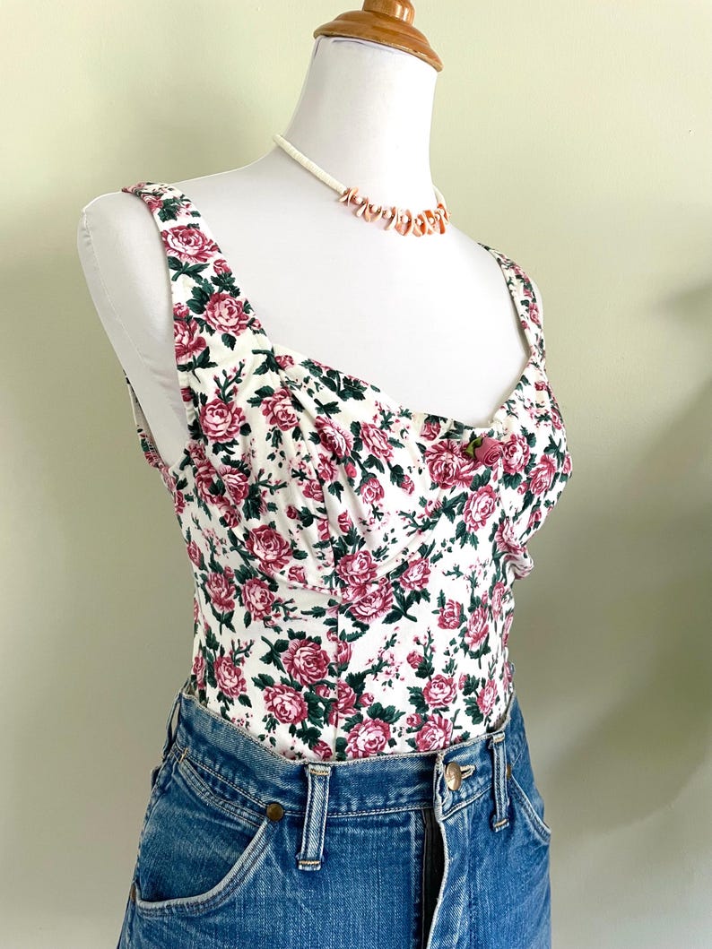 Vintage 90s Cotton Pink Rose Romantic One Piece Swimsuit