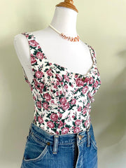 Vintage 90s Cotton Pink Rose Romantic One Piece Swimsuit