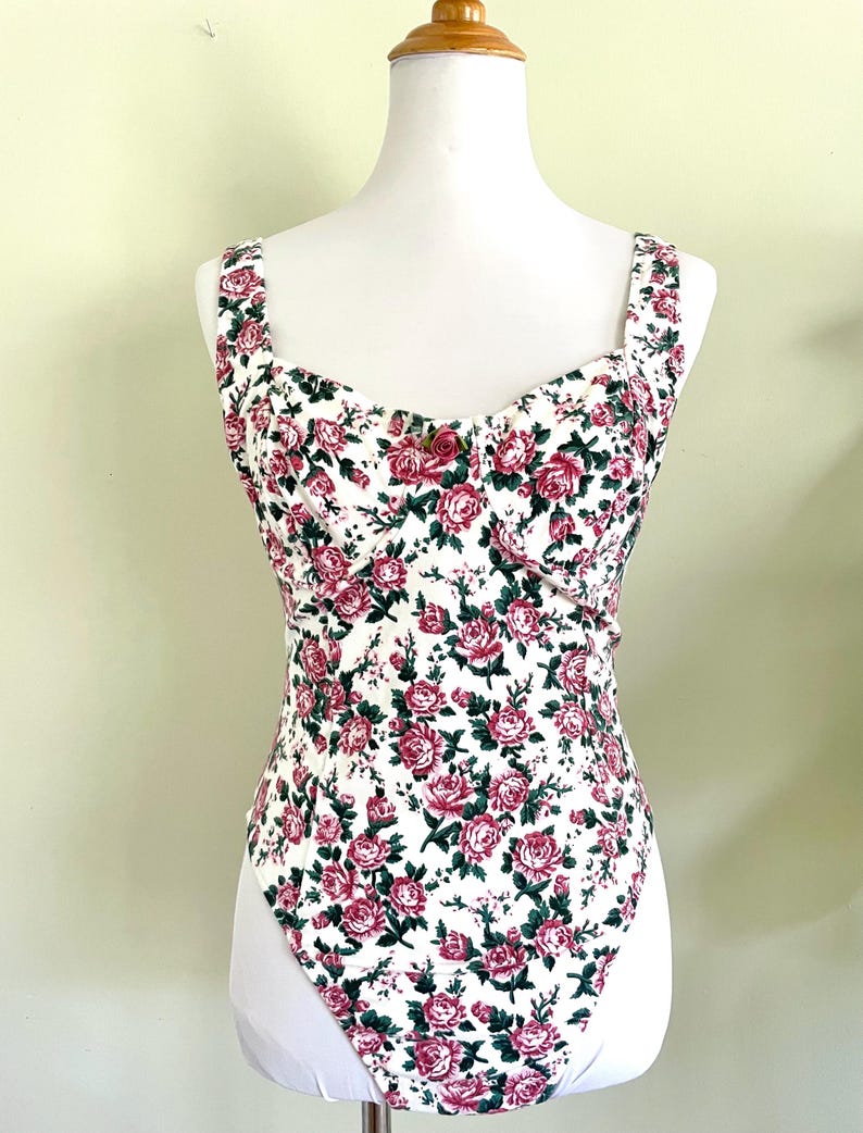 Vintage 90s Cotton Pink Rose Romantic One Piece Swimsuit