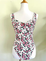 Vintage 90s Cotton Pink Rose Romantic One Piece Swimsuit